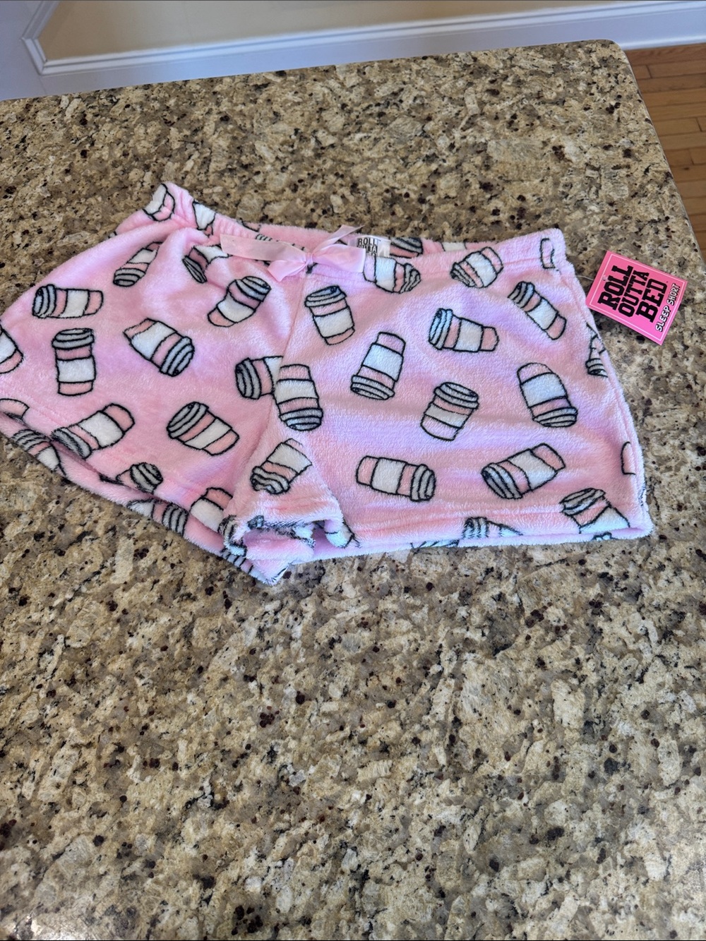 Roll Bottom Pink Fleece Sleep Shorts with Coffee Cup Print